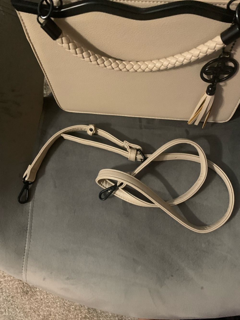 Cream and Black Trim Satchel with Braided Handles and Tassel Charm - Picture 7 of 7